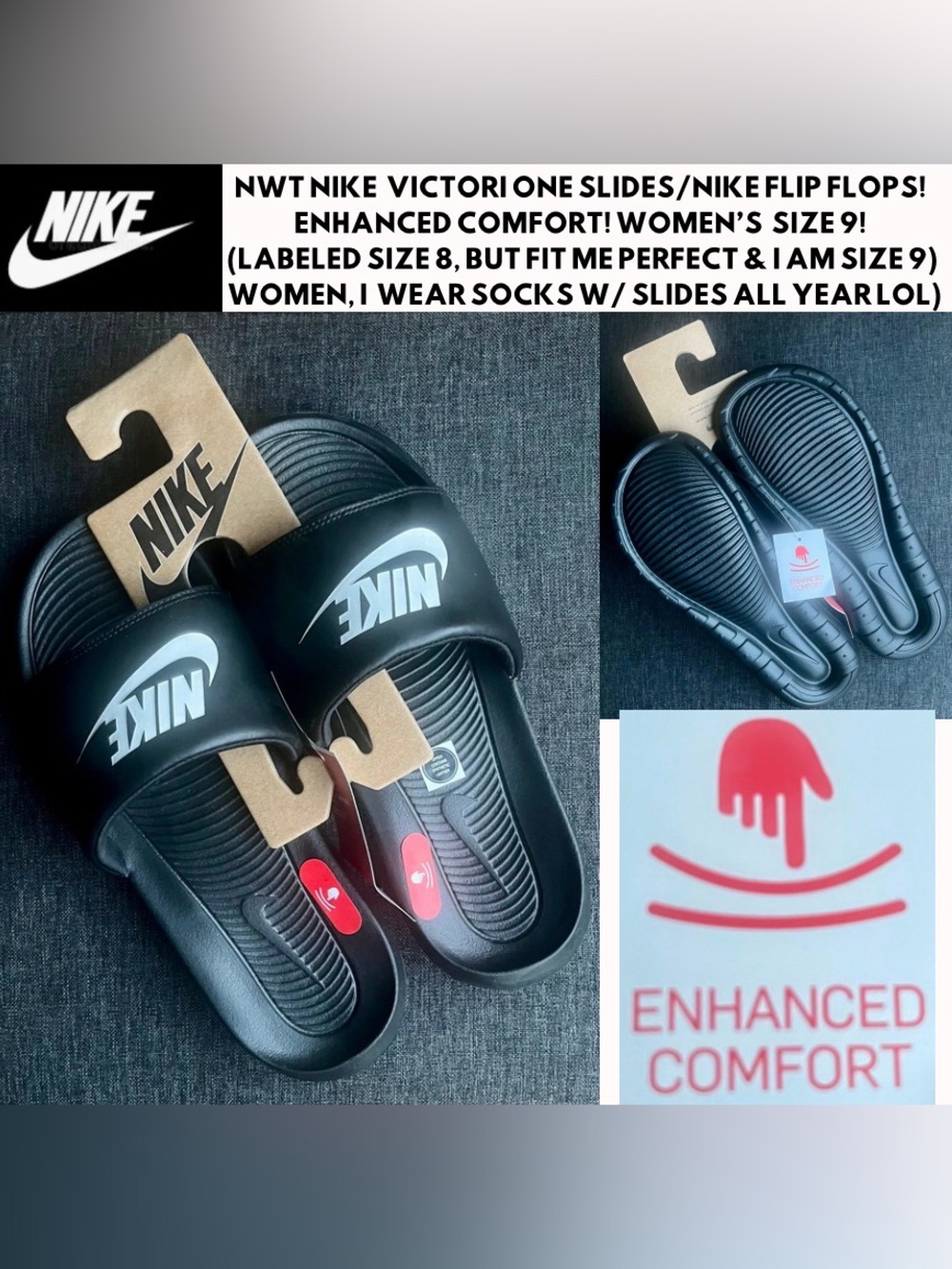 NWT NIKE ENHANCED COMFORT SLIDES! SIZE 9! BUNDLE W/ NWT SIZE S NIKE SWEATS &…